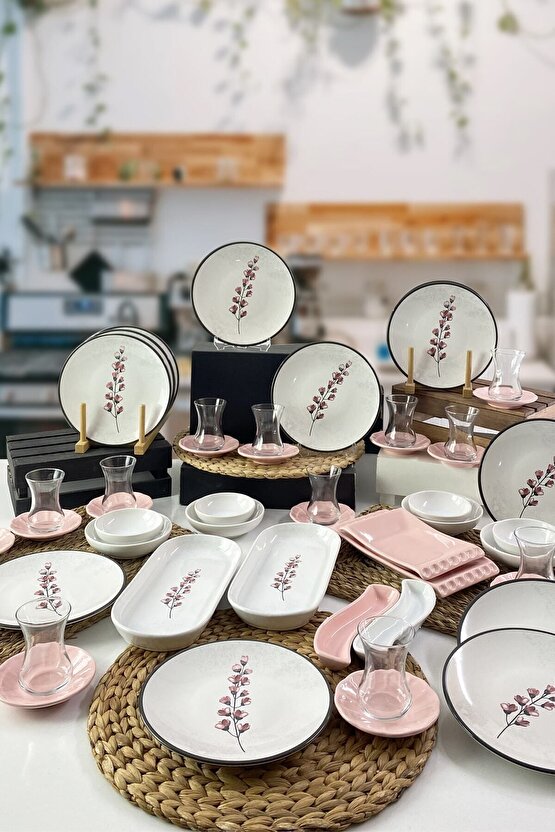 Pembe Çiçekli Kahvaltı Takımı 12 Kişilik 50 Parça