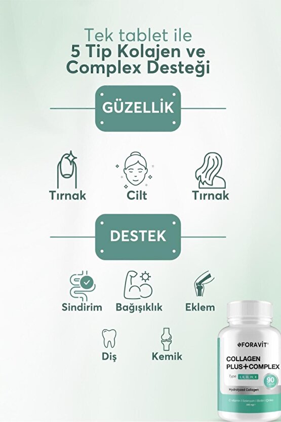 5 Tip Kolajen Tip 1, Tip 2, Tip 3, Tip 5 ,tip 10, ( Selenyum , C Vitamini Ve Çinko ) 90 Tablet