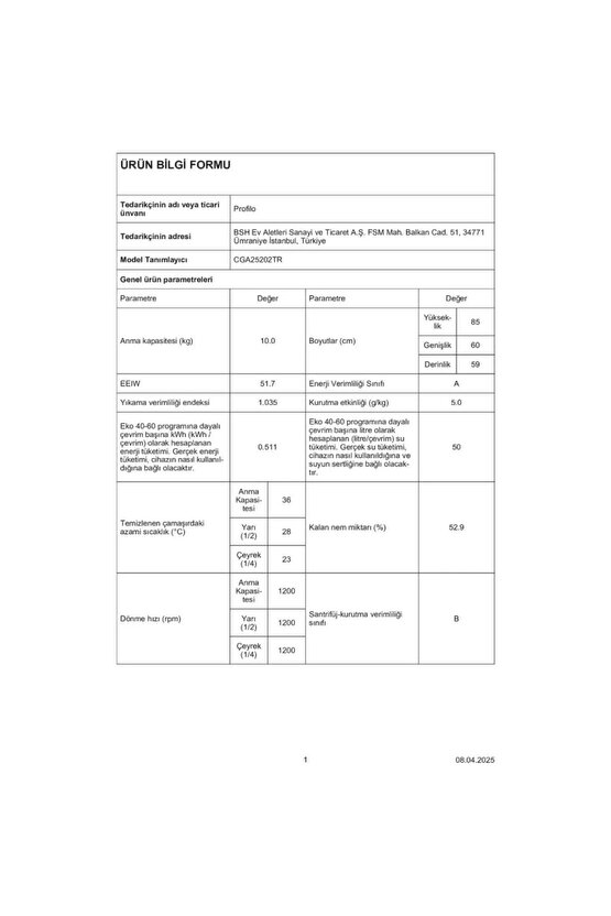 CGA25202TR A Enerji Sınıfı 10 kg 1200 Devir Çamaşır Makinesi