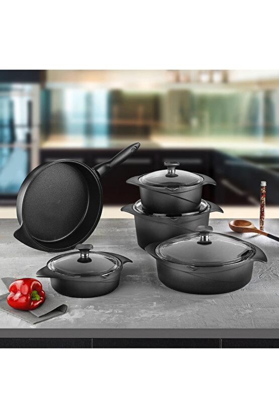 Flipper 9 Parça Siyah Cam Tencere Set
