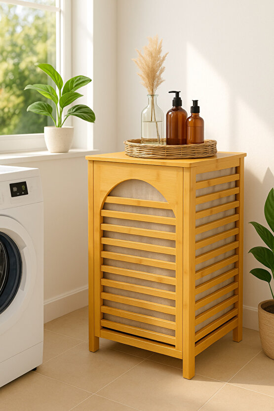 Bambu Kapaklı Çamaşır Sepeti – Havalandırmalı Kirli Sepeti, Çıkarılabilir İç Torbalı, 60x35x35 cm