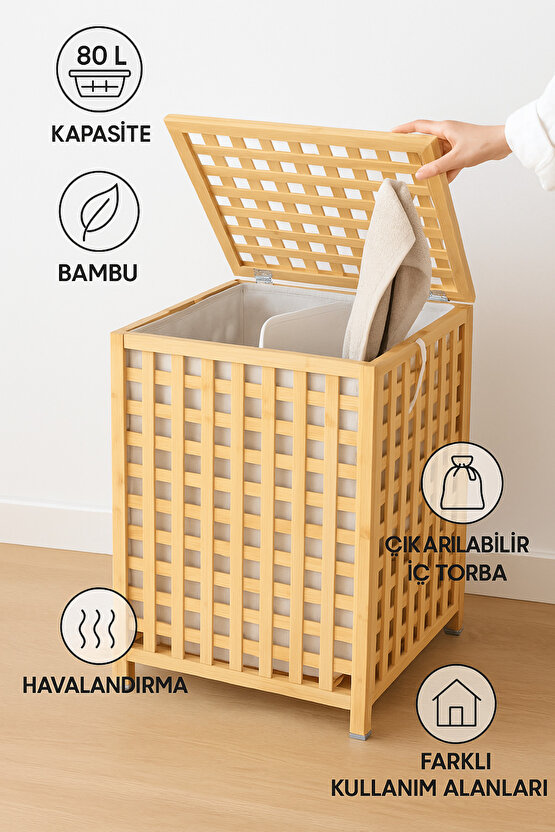 Bambu Kapaklı 80 Lt Çamaşır Sepeti – Çıkarılabilir İç Torbalı, Büyük Hacim, Şık Banyo Düzenleyici