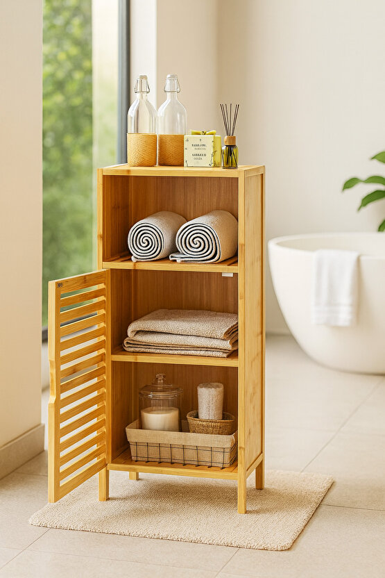 Doğal Bambu 4 Raflı Banyo ve Çamaşır Dolabı – Tek Kapaklı Panjur Tasarım Saklama Dolabı
