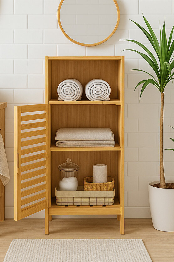 Doğal Bambu 4 Raflı Banyo ve Çamaşır Dolabı – Tek Kapaklı Panjur Tasarım Saklama Dolabı