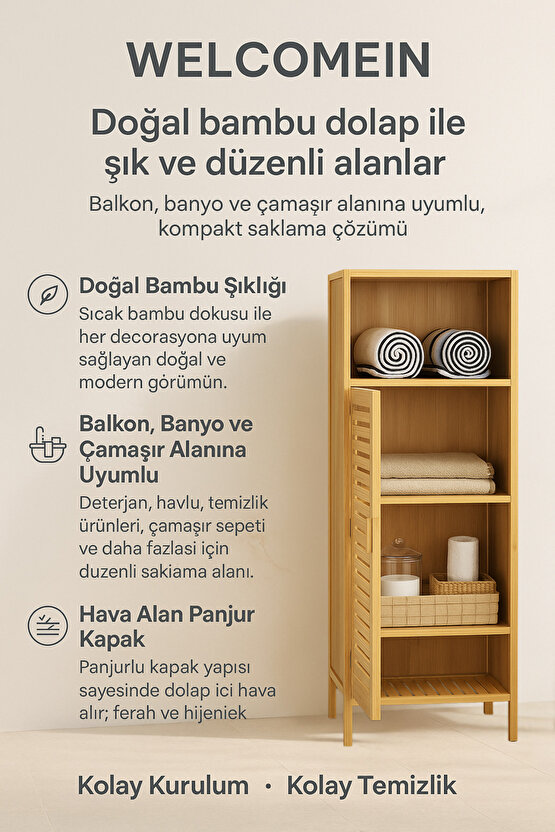 Doğal Bambu 4 Raflı Banyo ve Çamaşır Dolabı – Tek Kapaklı Panjur Tasarım Saklama Dolabı
