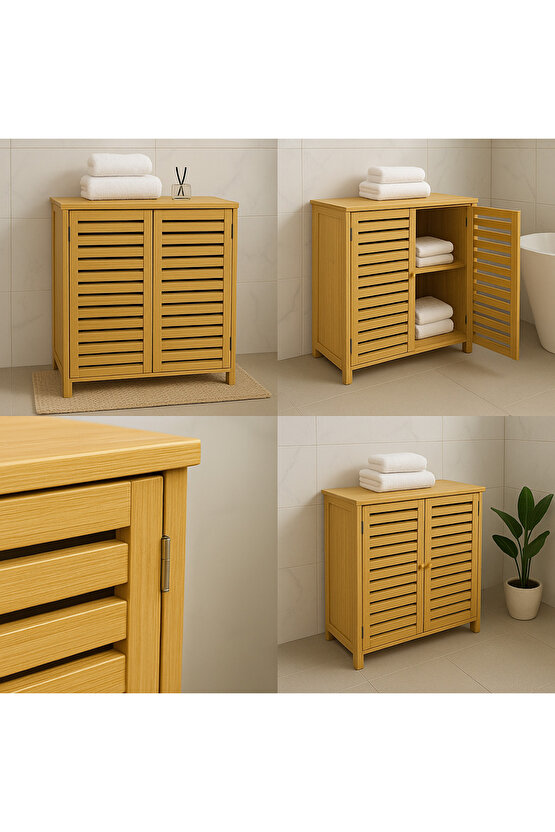 Doğal Bambu Balkon Banyo ve Çamaşır Dolabı – 2 Kapaklı Panjur Tasarım Saklama Dolabı