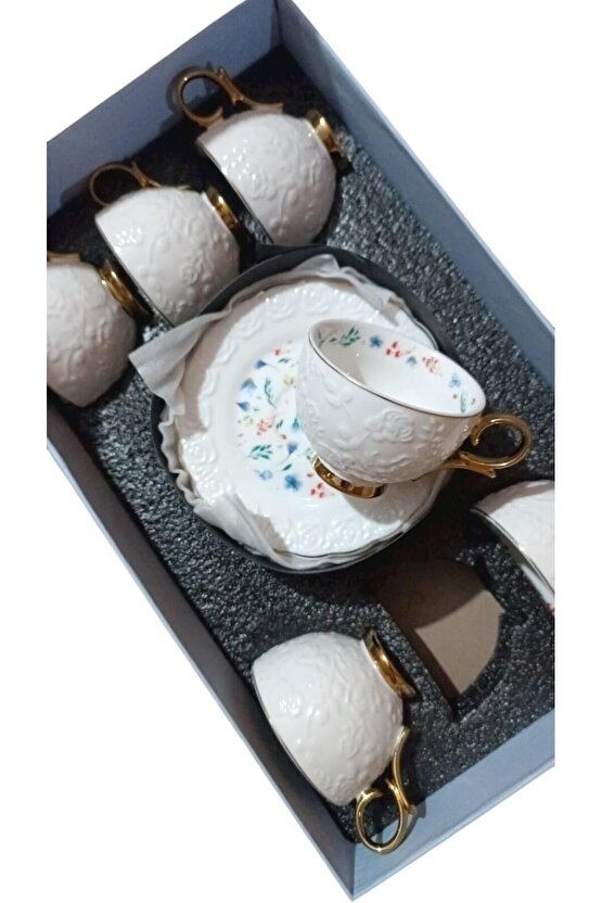 SPR-0369 Kabartma Desenli Çiçek Motifli Gold Detaylı Porselen Kahve Fincan Takımı 6’lı
