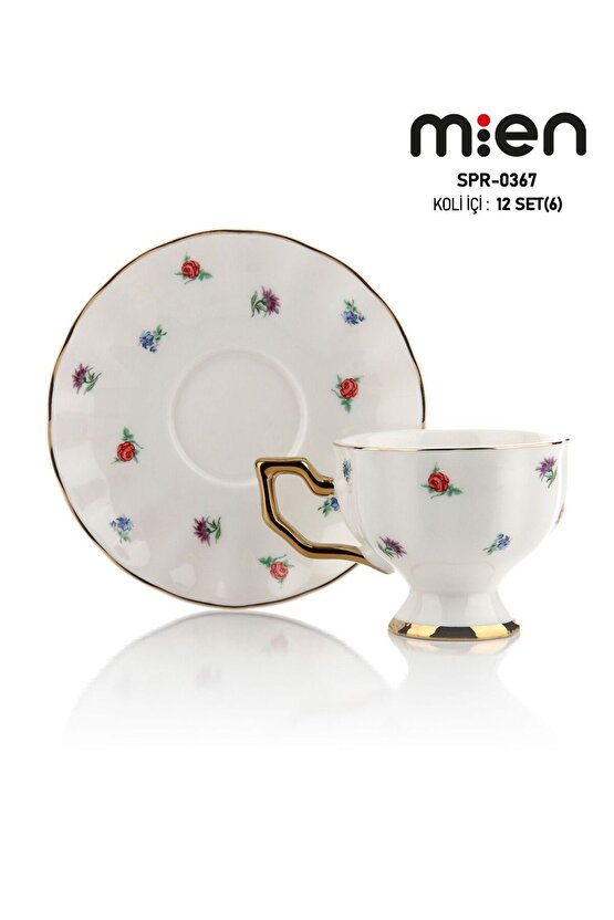 SPR-0367 Çiçek Desenli Gold Detaylı Porselen Kahve Fincan Takımı 6’lı