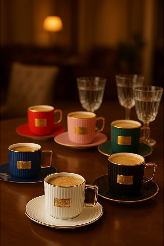 6 Kişilik 6 Renk Altın Yaldızlı Porselen Kahve Fincanı Takımı