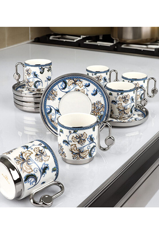 6 Kişilik Porselen Lüx Gümüş Detaylı Vintage Kahve Fincan Takımı