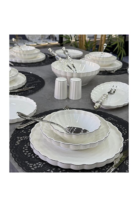 Mien Lüx Porselen 29 Parça İstiridye Yemek Takımı Gümüş