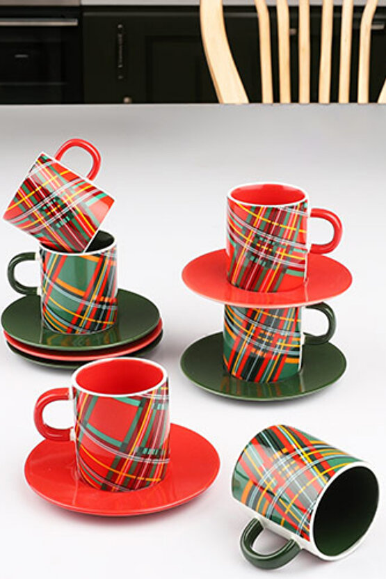 Yılbaşı Konseptli 6’lı Kahve Fincan Takımı – Kırmızı Yeşil Ekose Desenli, Porselen, Hediye Seti
