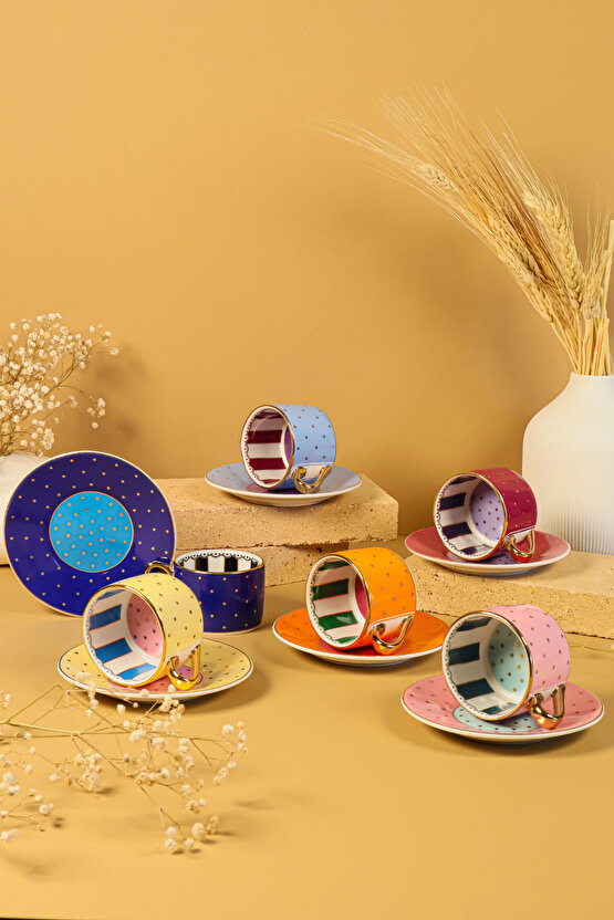 Puantiyeli Renkli 6 Kişilik 12 Parça Porselen Kahve Fincan Takımı Modern Desenli Lüks Tasarım