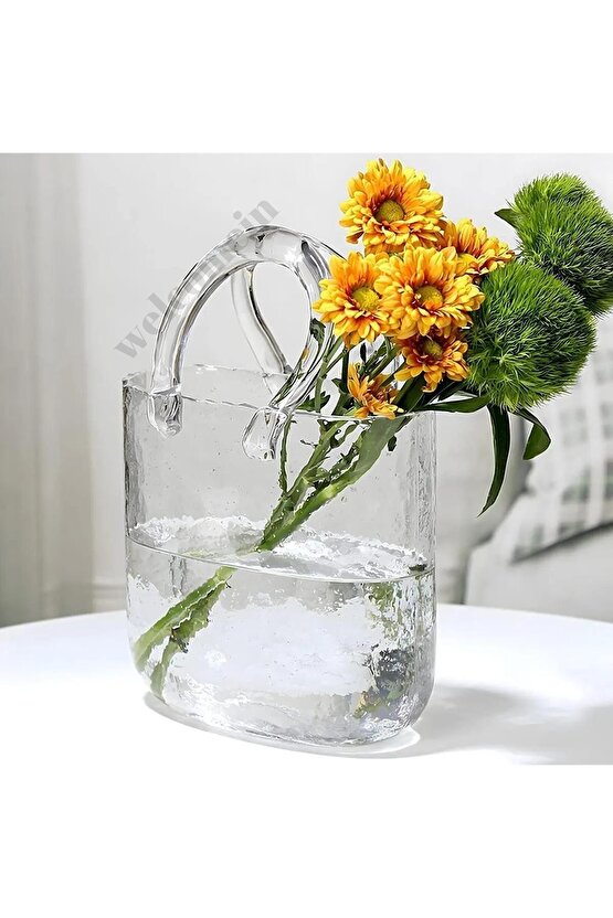 Dekoratif Çanta Şeklinde Zarif Ve Şık  Tasarım Şeffaf El Yapımı Cam Vazo