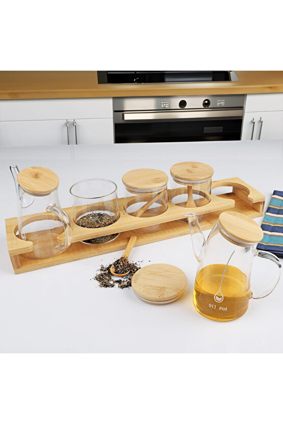 Bambulu Cam Baharatlık Salata Sos Kapları & Yağlık Seti – Kapaklı Standlı 6 Parça Düzenleyici