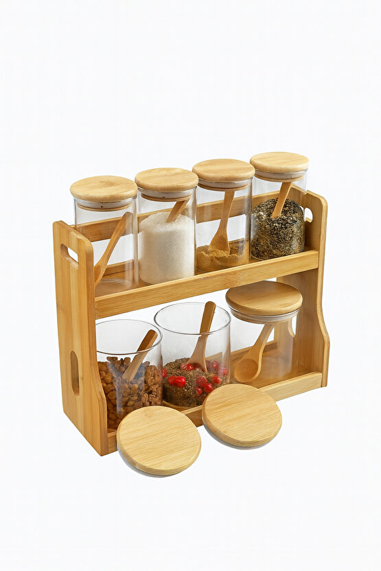 Bambulu 7’li Cam Baharatlık Seti – Kaşıklı & Kapaklı Standlı Düzenleyici