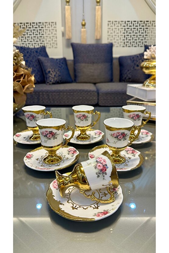 Kosova Ayaklı Güllü Gold Kahve Fincan Takımı 6 Kişilik