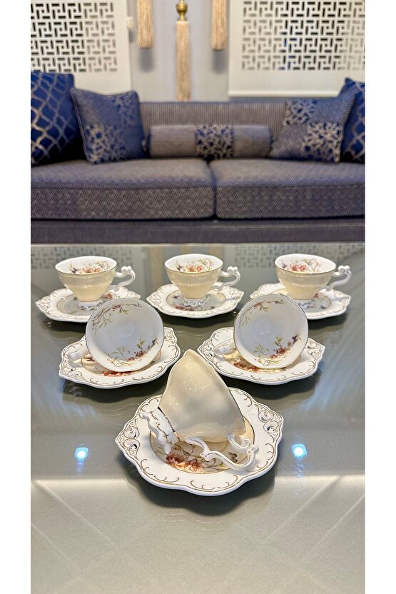 KOSOVA 6 Kişilik 12 Parça Porselen Ayaklı Güllü Kahve Takımı