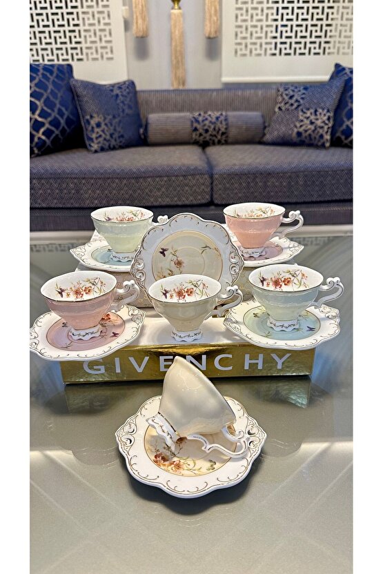 KOSOVA Ayaklı Renkli Güllü Kahve Fincan Takımı