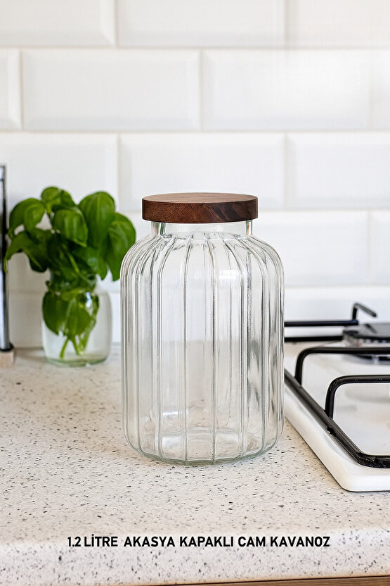 1.2 Litre Akasya Kapaklı Cam Kavanoz – Cam Saklama Kabı, Baharat, Kahve, Bakliyat Kavanozu