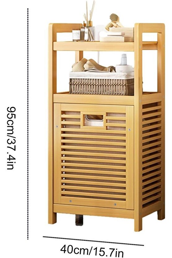 Bambu Dikey Çamaşır Sepeti Raflı Çamaşır Sepeti 40x30x95 Cm