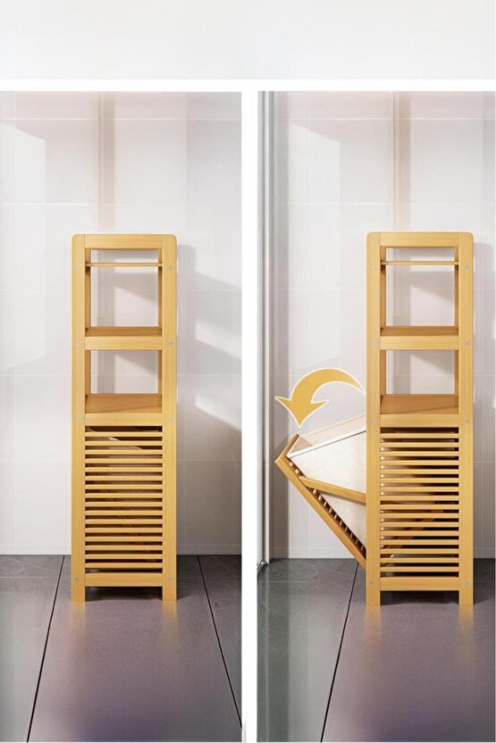 Bambu Dikey Çamaşır Sepeti Raflı Çamaşır Sepeti 40x30x95 Cm