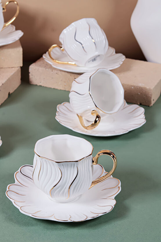 6 Kişilik Altın Yaldızlı Kahve Fincan Takımı – Özel Tasarım Porselen Beyaz 90 ml