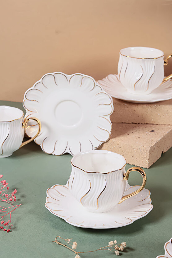 6 Kişilik Altın Yaldızlı Kahve Fincan Takımı – Özel Tasarım Porselen Beyaz 90 ml