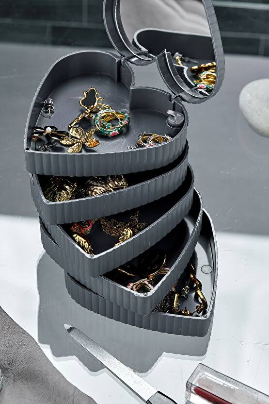 Çizgili Desenli Kalpli Mina 5 Katlı Aynalı Takı Organizeri Gri Renk - Aynalı Takı Organizeri