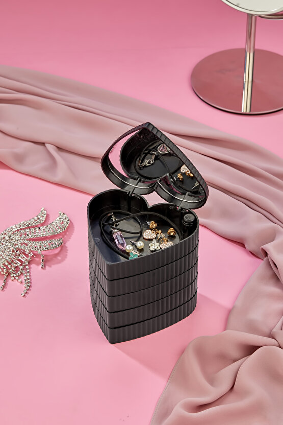 Çizgili Desenli Kalpli Mina 5 Katlı Aynalı Takı Organizeri Siyah Renk - Aynalı Takı Organizeri