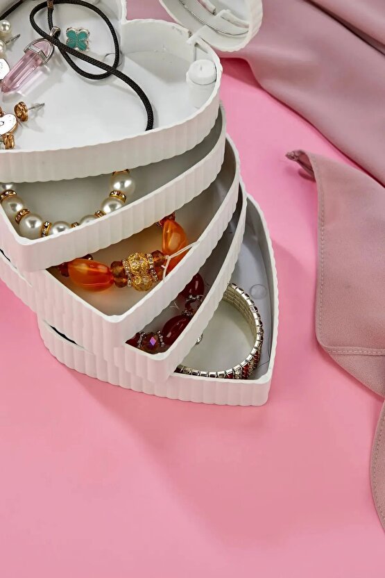 Çizgili Desenli Kalpli Mina 5 Katlı Aynalı Takı Organizeri Beyaz Renk - Aynalı Takı Organizeri