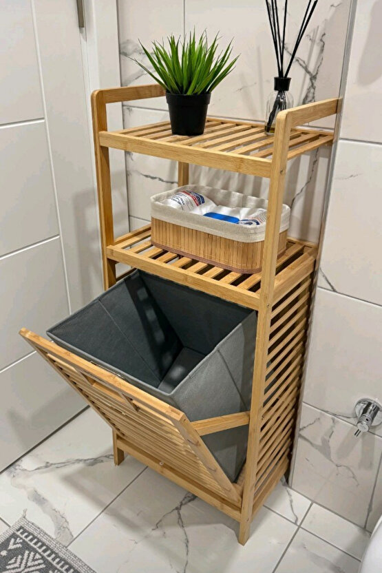 Bambu Çamaşır Sepeti Raflı & Kirli Sepeti İç Bölmeli 40x30x95 cm