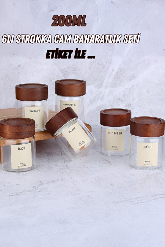 6lı Akasya Kapaklı Strokka 200 ml Cam Baharatlık Seti