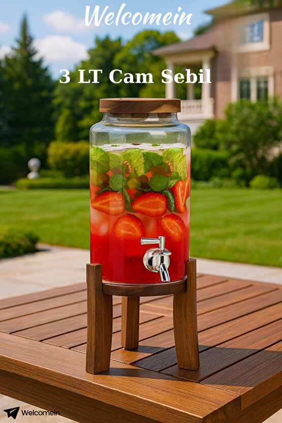 Musluklu Cam Sebil 3L Ahşap Standlı Soğuk İçecek Dispenseri Çilekli Detoks Limonata ve Sunumluk