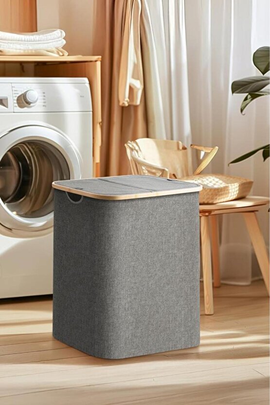 Mien Bambu Kenarlı Kumaş Katlanabilir 100 Lt Çamaşır Sepeti 54x33x58