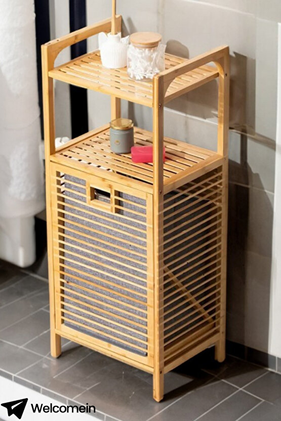 Bambu Çamaşır Sepeti Raflı & Banyo Rafı 40x30x95 cm