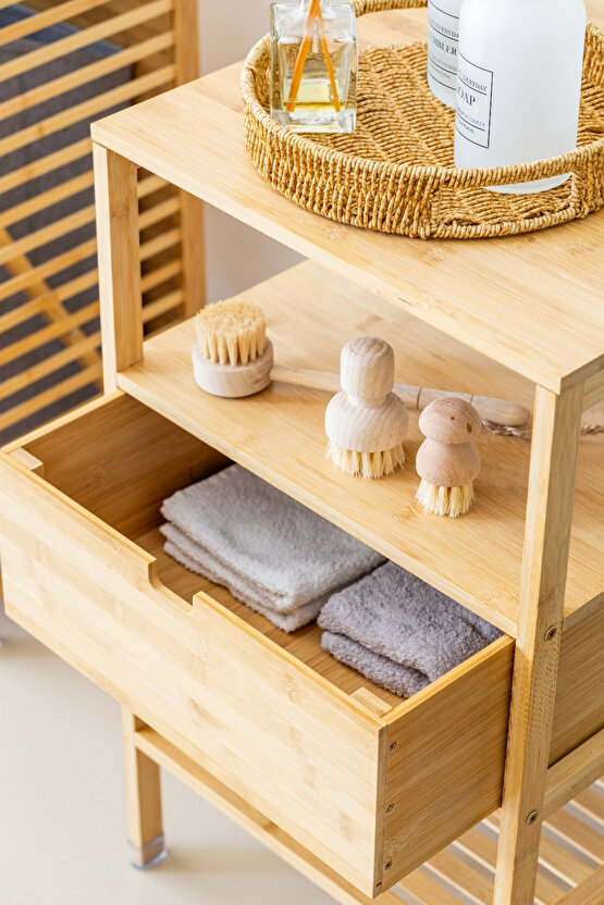 Doğal Bambu Çekmeceli Çok Amaçlı Raf Komodin – Banyo & Ev Düzenleyici Dolap Şifonyer