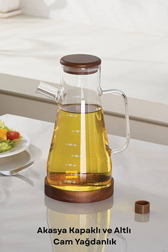 900 ML Akasya Kapak ve Altlık Silikon Tıpa Isıya Dayanaklı Cam Yağdanlık Yağlık