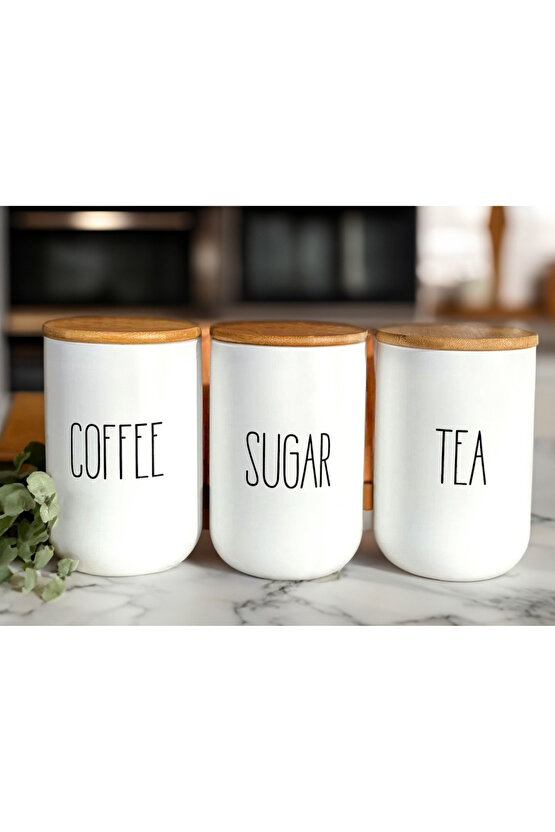 3’lü Seramik Bambu Kapaklı Beyaz Kavanoz Seti 1000 ML – Coffee  Sugar  Tea – Bambu Kapaklı