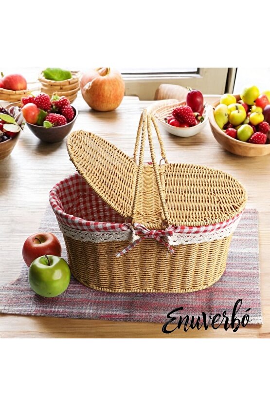 Beyaz Rattan Hasır - Oval Piknik Sepeti 39cm
