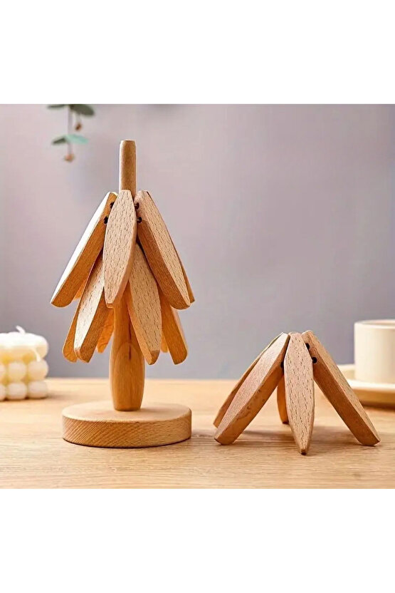 Doğal Ahşap Yaprak Tasarımlı Çok Amaçlı Peçetelik & Bardak Altlığı Seti