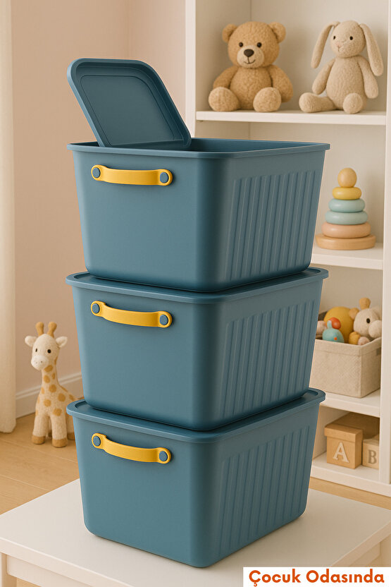 3lü Set Kapaklı ve Saplı Düzenleme Saklama Kutusu – Mavi – Çok Amaçlı Organizer