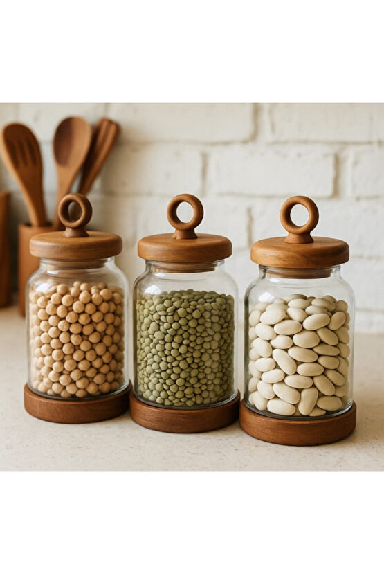 3lü Ahşap Kapaklı Cam Kavanoz Seti Vakum Kapaklı Büyük Boy Erzak Bakliyat Seti Gıda Saklama Kabı
