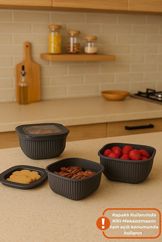 3lü Renkli Kilitli Kapaklı Saklama Kabı Difrize Mikrodalga ve Buzdolabı Uyumlu Düzenleyici
