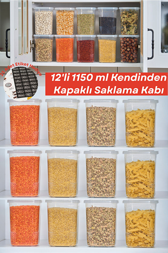 12 Adet 24 Parça Etiketli Kendinden Kapaklı Erzak Dondurucu Baharat Saklama Kabı Seti 1,15 Litre