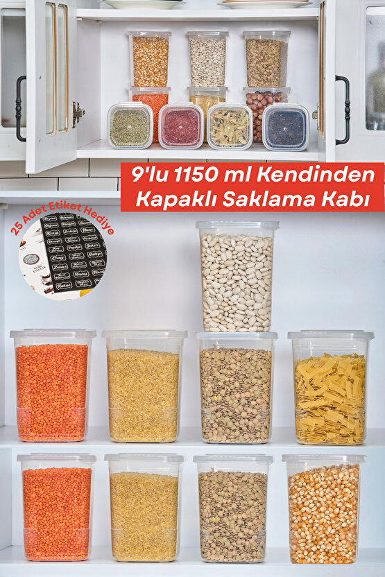 9 Adet 18 Parça Etiketli Kendinden Kapaklı Erzak Dondurucu Baharat Saklama Kabı Seti 1,15 Litre