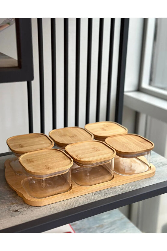 6lı Bambu Kapaklı 300 ml Sızdırmaz Cam Kahvaltılık Seti Saklama Kabı