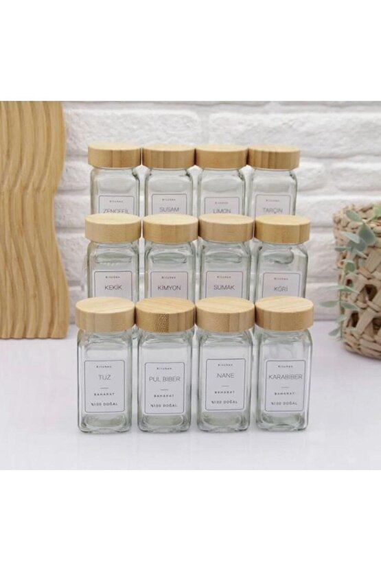 12 li Mien Bambu Kapaklı Cam Baharatlık Seti 120ml 7119008