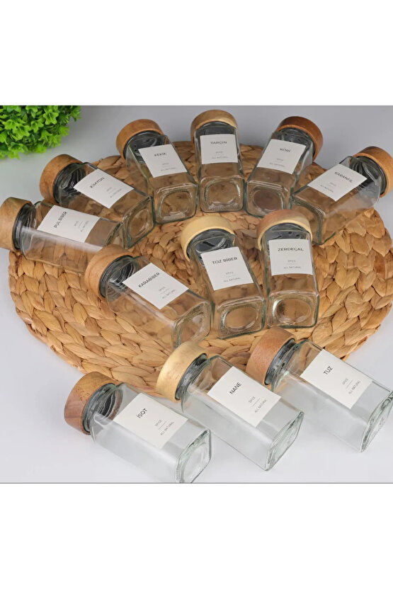 Akasya Kapaklı Kare Formlu 12’li Cam Baharatlık Seti 120 ml  16 Adet Etiket Hediye