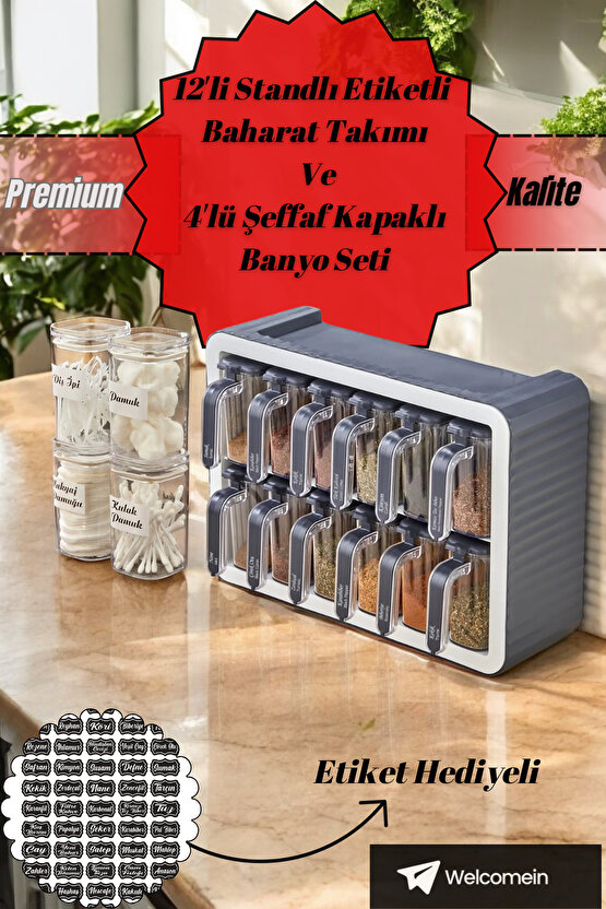 12li Standlı Kendinden Yapışkanlı Kapaklı Kaşıklı Baharatlık Takımı Ve 4lü Şeffaf Kapaklı Banyo Seti